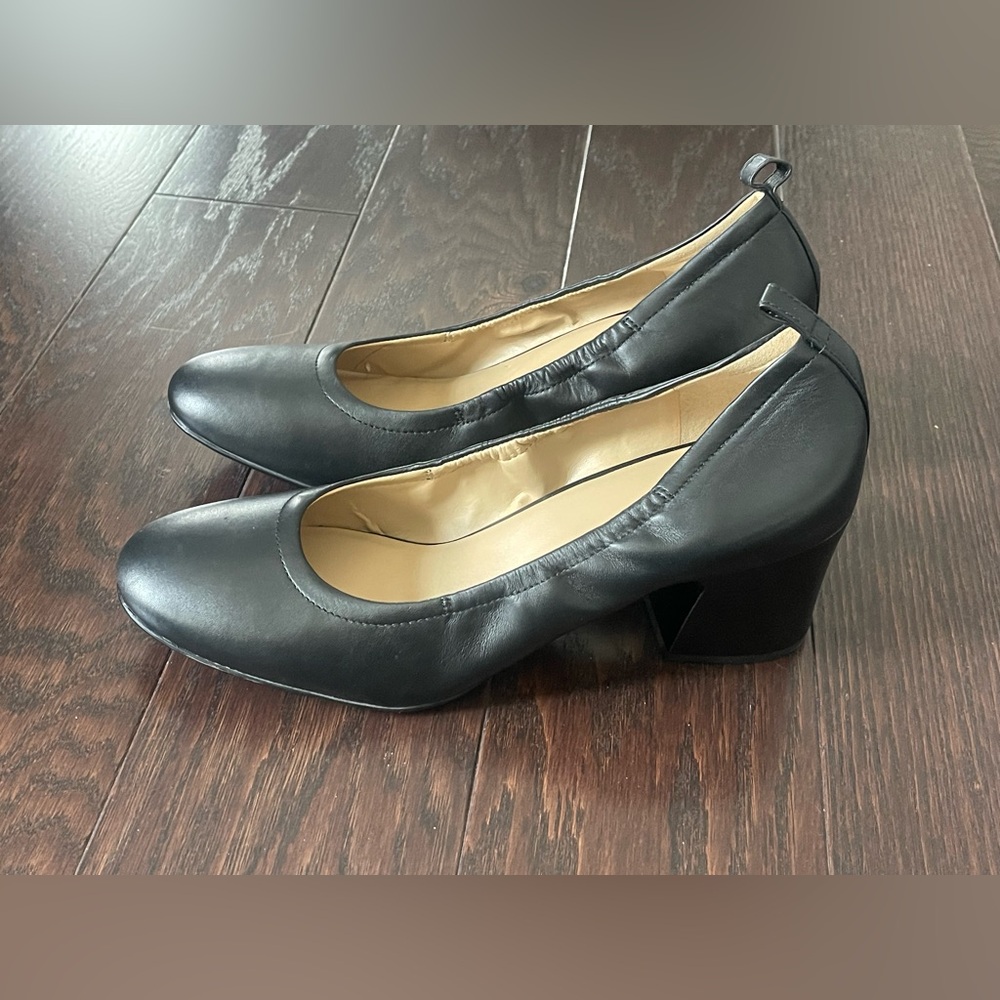 Naturalizer Dalee Leather Black Block Heels Ruched Shoes Cushion Women Size 12M
